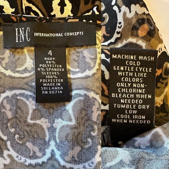 INC graphic paisley print dress ruffled sheer long sleeves women's size 4 - Picture 7 of 7